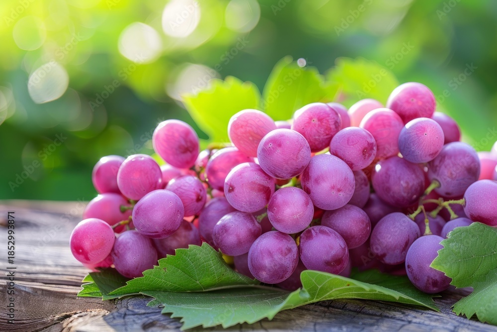 Fototapeta premium Ripe pink grapes lie on a wooden surface with green leaves and blurred vineyard background, showcasing the beauty of harvest season