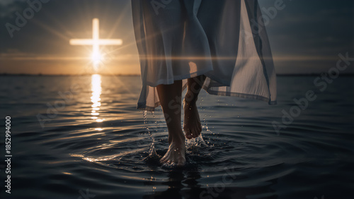 Silhouette of feet walking on water towards a glowing cross at sunset. Miracle of Jesus and Christian faith concept
