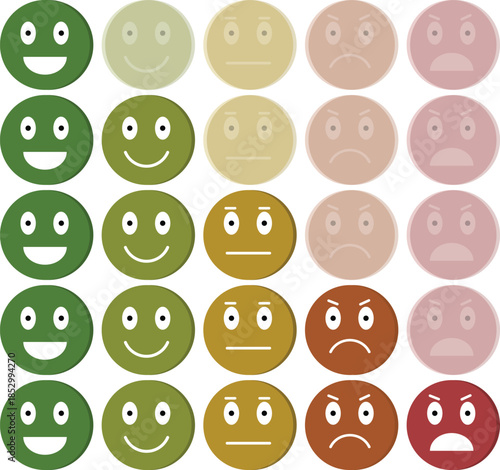 A grid of 25 circular emoji-like faces showing a spectrum of emotions from very happy green smiles to very angry red frowns, illustrating a range of feelings.
