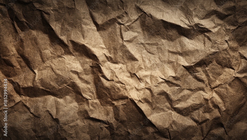 Fototapeta premium Close-up of heavily crumpled brown paper, showcasing texture and deep shadows