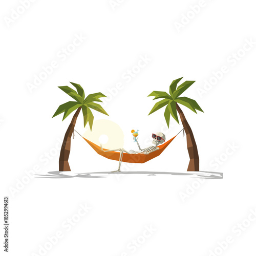 Skeleton relaxing in a hammock between two palm trees on a beach.