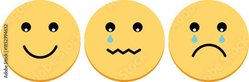 Three yellow emoji faces depicting a range of emotions including happiness, worry, and sadness, illustrating different human feelings.