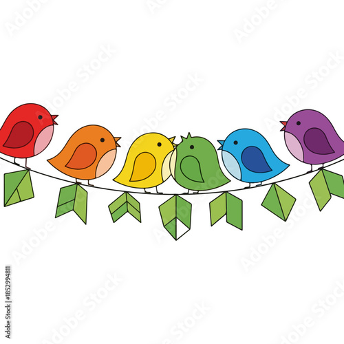 Colorful cartoon birds perched on a branch illustration.