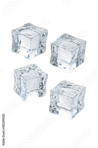 Four Crystal Clear Ice Cubes Isolated White Background