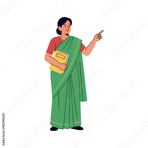 Indian Woman Teacher in Saree Pointing with Book in Hand.