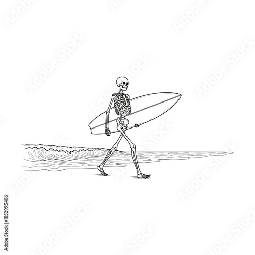 Skeleton Surfer Walking With Surfboard Pose.