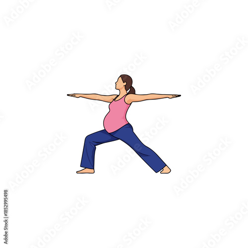 Pregnant woman practicing yoga in warrior pose for prenatal fitness.