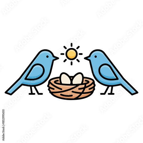 Two blue birds with nest and eggs under sun illustration.