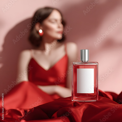 Luxury Blank Perfume Bottle Mockup with Female Model in Red Swimsuit on Pastel Rose Valentine Background