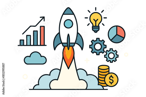 Startup rocket launch for business growth and innovation concept