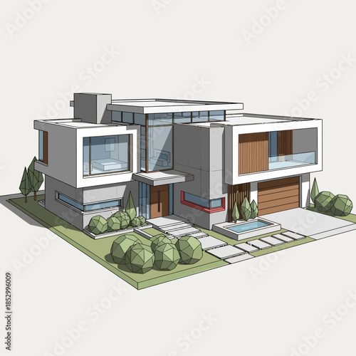 3d illustration of a residential estate project featuring a new house model with money on a computer and floor for real estate business building design