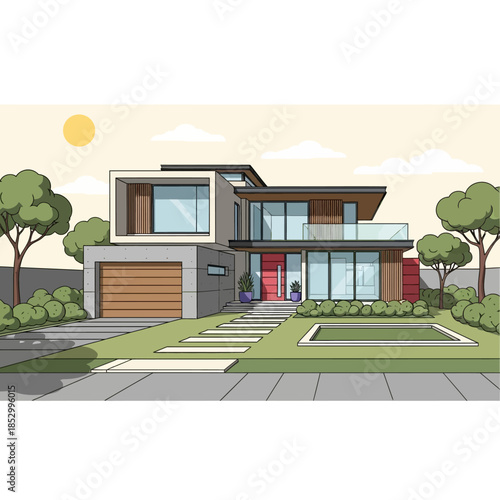 Modern luxury villa architecture featuring a new residential home design with large glass windows and a sleek facade situated on a lush green grass lawn within a suburban garden estate under a clear s