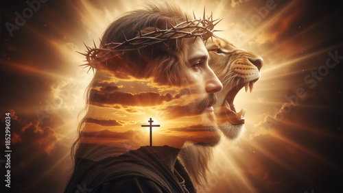 Jesus Christ with a crown of thorns and the Lion of Judah. Double exposure illustration with the cross at sunset representing sacrifice and power