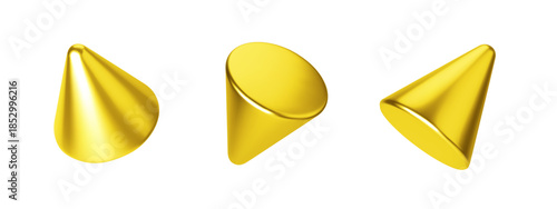 Elegant gold cone and pyramid renders with shiny metallic surface. Abstract 3D geometric shapes perfect for luxury branding, awards, and creative digital compositions.