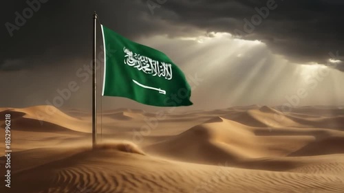 Cinematic Saudi Arabia Flag Waving in Desert Windstorm with Dramatic Sky and Sand Ripples