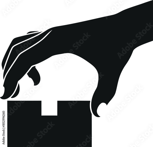 Silhouette of hand reaching for small cardboard parcel box
