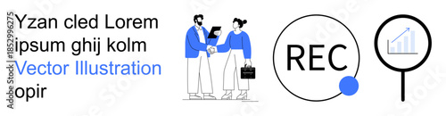 Business communication, teamwork, collaboration, data analysis, recording, productivity. Two people shaking hands, recording symbol and a magnifying glass examining a chart. Business communication