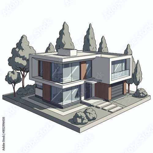 Isometric 3d illustration of a residential cottage house in the woods featuring a modern architectural roof design and exterior window project for a new forest home estate construction