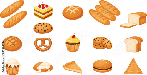 Fresh bakery collection with bread loaf pastry cake cookies and cupcake illustrations.
