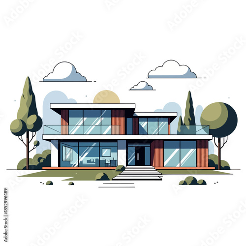 Vector illustration of a modern city house building facade with a wood door and shop window design on a town street