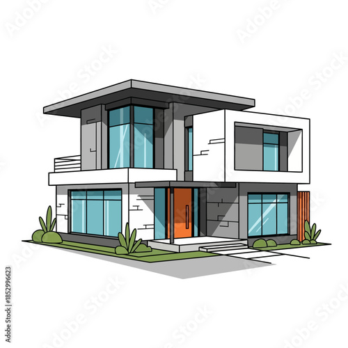 Vector illustration of a modern residential home featuring a wooden facade and glass windows under a clear sky architecture design