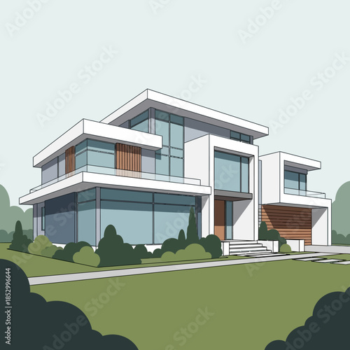 A modern residential building featuring a luxury home architecture with a lush green grass yard and blue sky exterior