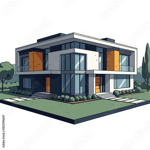 A contemporary luxury villa with a modern garden and green grass features a sleek architectural facade and elegant windows under a clear sky in a premier residential estate