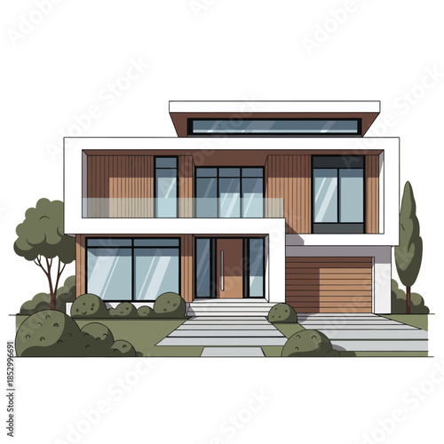 A modern residential house featuring a glass balcony and garden facade with large windows under a clear sky for a new urban estate