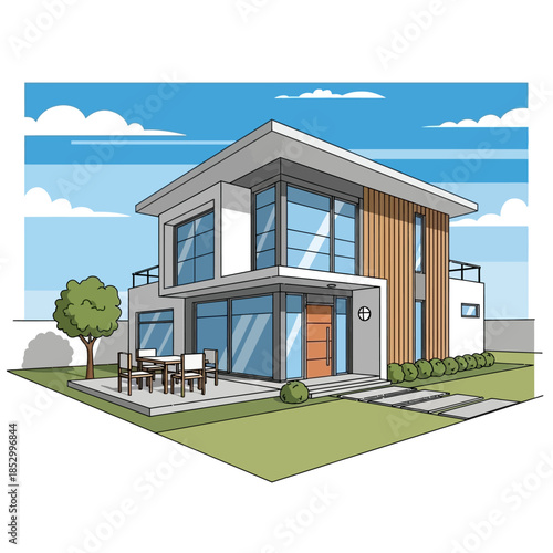 Modern luxury residential architecture featuring a new house facade with windows and a balcony situated on a green grass estate between the city park and urban sky