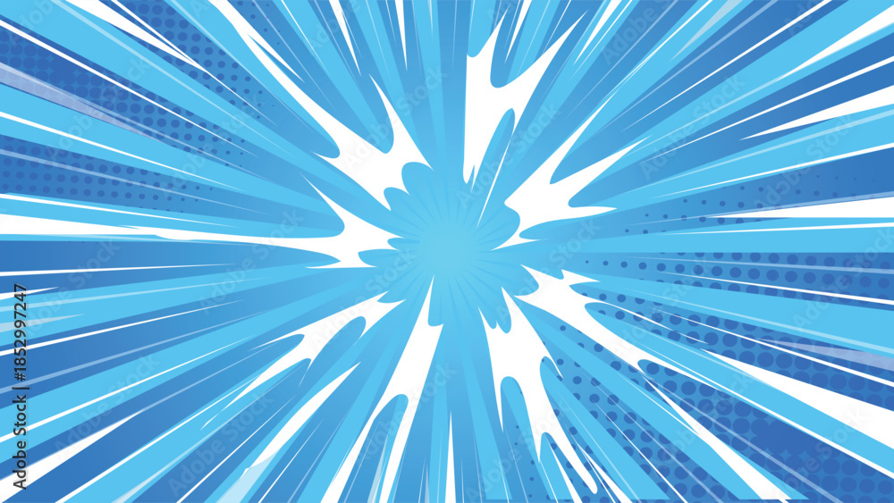 Naklejka premium Blue Speed Lines Explosion Background with Dynamic Motion Burst Energy Effect Comic Style Vector