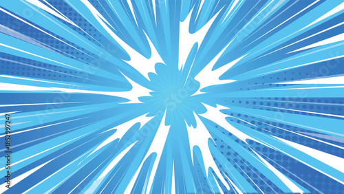 Blue Speed Lines Explosion Background with Dynamic Motion Burst Energy Effect Comic Style Vector