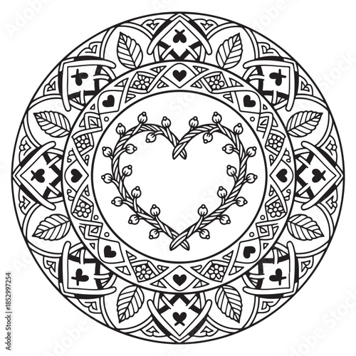 A captivating mandala design featuring a heart-shaped floral wreath and intricate patterns