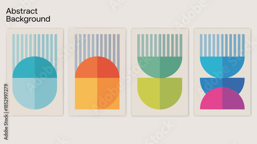 A set of four minimalist geometric art prints featuring colorful shapes and lines on a beige background for modern decor