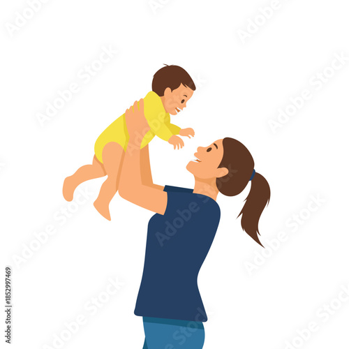 Mother Lifting Baby Illustration Showing Love, Care, and Happy Family Bond in Flat Modern Vector Style
