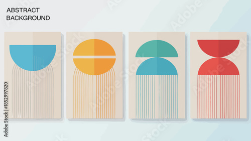 Minimalist geometric art print set with abstract background, four pieces, colorful shapes and lines on beige