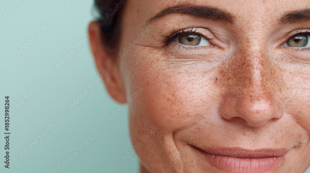 Fototapeta premium Close up of natural freckles on hydrated complexion with green eyes and subtle smile showing healthy skin texture and beauty