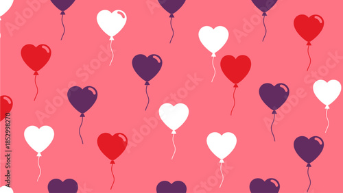 A delightful flat design seamless pattern featuring minimalist 2D vector heart-shaped balloons with strings, symbolizing joy, celebration, and lightness of love. It's a festive and romantic design.