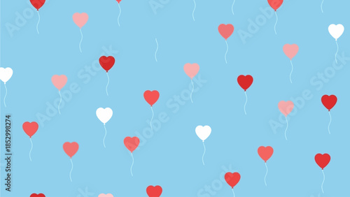 A delightful flat design seamless pattern featuring minimalist 2D vector heart-shaped balloons with strings, symbolizing joy, celebration, and lightness of love. It's a festive and romantic design.