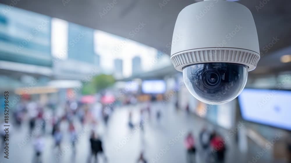 Adobe Security Camera Surveillance Camera: A security camera observes an urban environment ...
