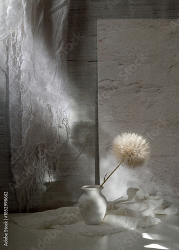 Still life with a large dandelion in a white vase in the rays of the sun