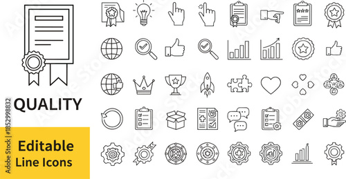 Quality assurance line icons set with certificate trophy and award symbols.Quality assurance line icons set with certificate trophy and award symbols.