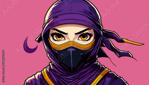 Intense Gaze of a Female Ninja Warrior in Purple Mask.