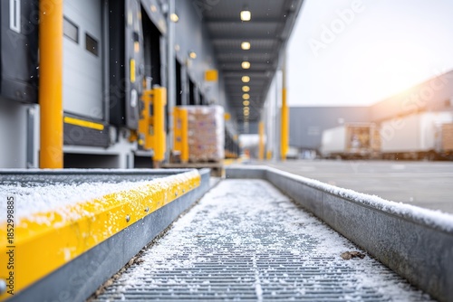 Snow on a loading dock during winter at a warehouse in a busy industrial area