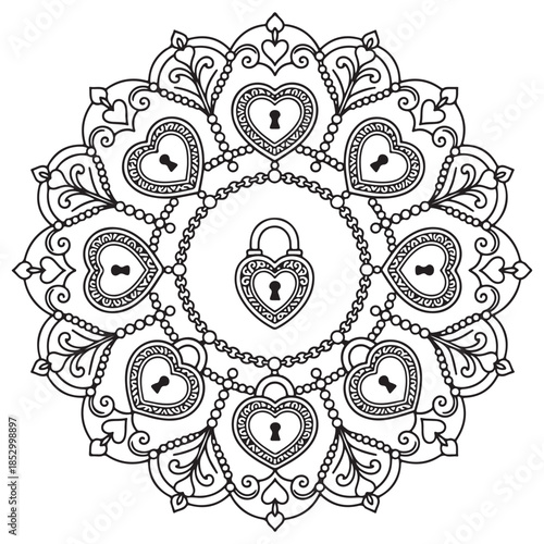 Intricate love lock mandala design with a central heart padlock and chained hearts for coloring