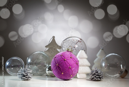 Christmas card with Christmas decorations and transparent balls. With space for text