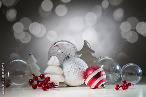 Christmas card with Christmas decorations and transparent balls. With space for text