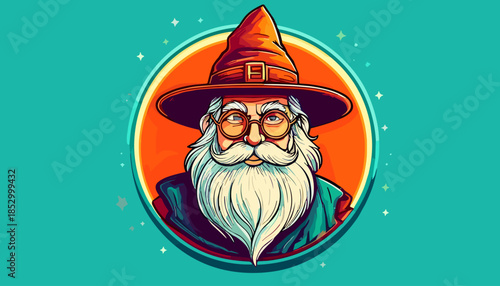 Illustration of a Wizard with a Pointed Hat and White Beard.