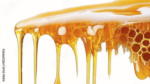 Golden honey dripping from honeycomb showcases rich texture, natural sweetness and vibrant color