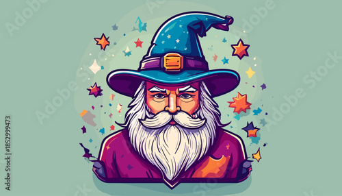 Cartoon Wizard Portrait with Pointed Hat and White Beard.