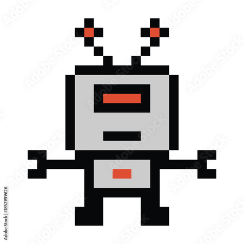Cartoon pixel art of humanoid robot learning toy robotic cyborg engineer bot machine business vector character automation electronic background 8 bit artificial intelligence android digital design.